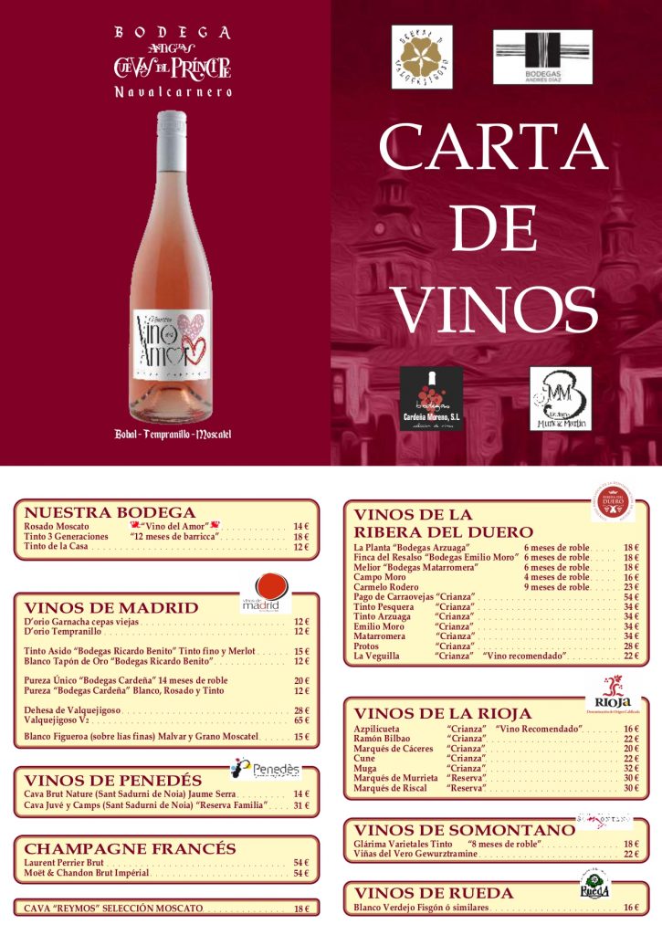 Carta de Vinos de La Finca de las Cuevas del Principe