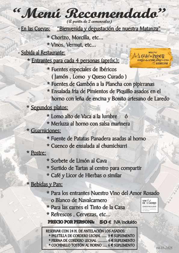 Menú Recomendado Las Cuevas del Principe de Navalcarnero